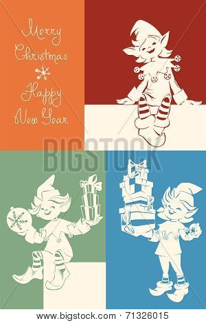 Santa elf on Christmas card, bunner, lettering