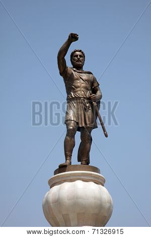 SKOPJE, MACEDONIA - MAY 17: Warrior with accompanying elements in Skopje. 29 meters tall Philip II Macedon Sculpture in Skopje, Macedonia on May 17, 2013