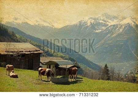 Small farm in Swiss alps.  Bodmen, Valais, Switzerland. Added paper texture 