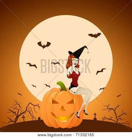 Beautiful Red-haired Pinup Witch On Pumpkin