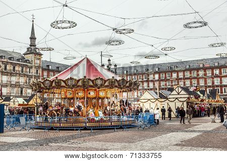 Carousell For Children In The Evening At The Plaza De Mayor In Madrid