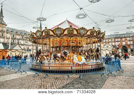 Carousell For Children In The Evening At The Plaza De Mayor In Madrid