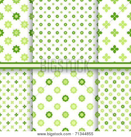 Set of fresh green flowers seamless patterns