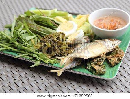 Fried Mackerel Fish,chili Sauce And Fried Vegetable