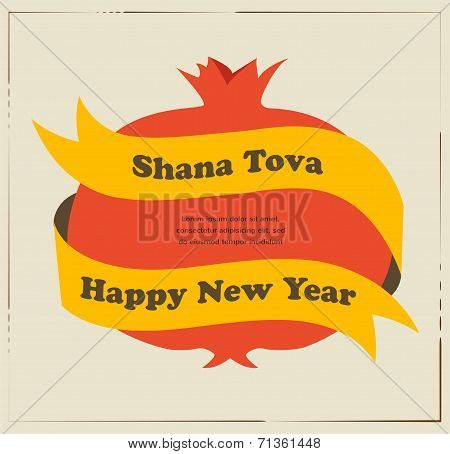 Rosh hashana card - Jewish New Year. Pomegranate with yellow ribon