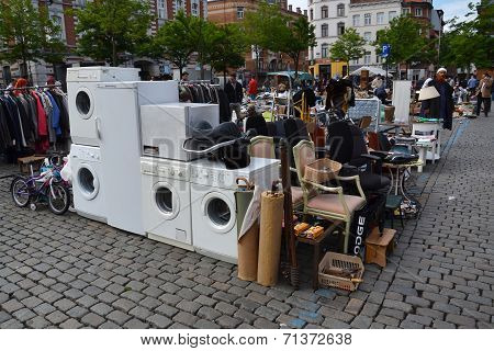 Flea Market On Place Du Jeu De Balle In Brussels, Belgium