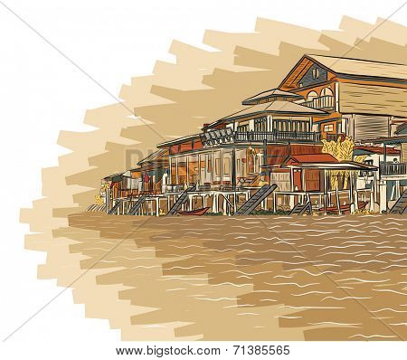 Illustration sketch of wooden waterside buildings