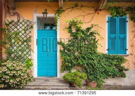 Colorful Door And Shutters. Mandello Del Lario,lake Como, Italy