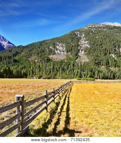 Scenic farm fields blocked bythe wooden fence. Shadow of the low fence beautifully lie on the grass. Alpine Valley in Austria. National Park Krimml 