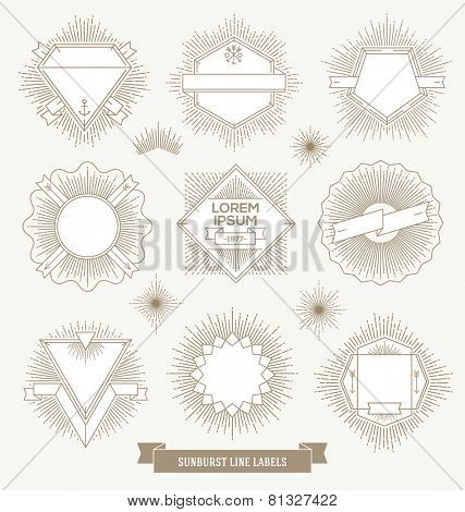 Vector set of line design emblem, sign and hipster labels with sunburst rays