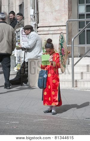 Jerusalem, Israel - March 15, 2006: Purim Carnival In The Famous Ultra-orthodox Quarter Of Jerusalem