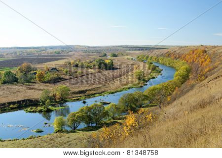 Autumn Landscape With Curved River Panorama In Russia