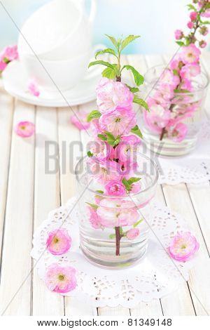 Beautiful fruit blossom in glass on table on light background