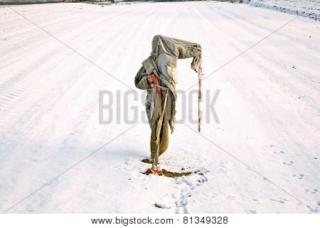 Sad, Ragged  And Freezing Scarecrow In Winter On The Snowfield