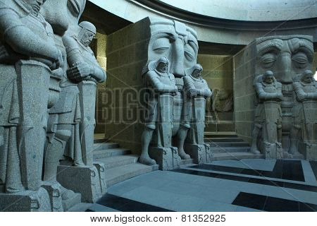 LEIPZIG, GERMANY - FEBRUARY 16, 2014: Guards of the Dead by German sculptor Franz Metzner seen in the crypt of the Monument to the Battle of the Nations (1813) in Leipzig, Germany. 