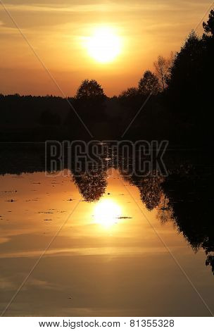 Sunset Over The Forest Lake