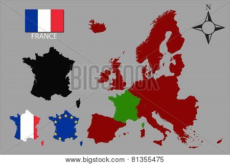 France - Three contours, Map of Europe and flag vector