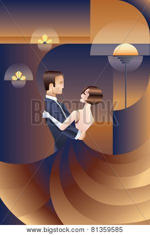 Dancing couple Art Deco geometric style poster