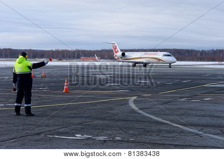 NIZHNY NOVGOROD. RUSSIA. January 26, 2015. STRIGINO AIRPORT.Passenger plane Bombardier CRJ 100