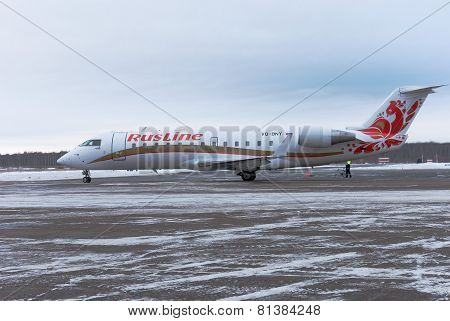 NIZHNY NOVGOROD. RUSSIA. January 26, 2015. STRIGINO AIRPORT.Passenger plane Bombardier CRJ 100