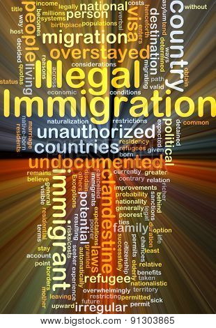 Background concept wordcloud illustration of illegal immigration glowing light