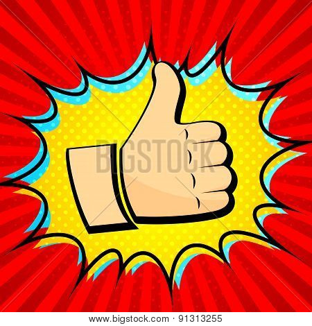 Thumb up icon and red background of radial lines. Pop art, comic