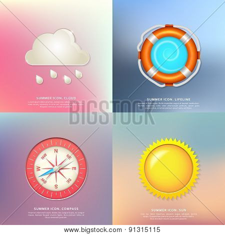 Lifeline, sun, clouds and rain, compass. Summer icons