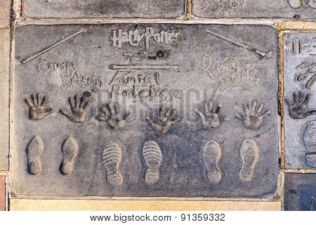 Handprints  Of Harry Potter In Hollywood Boulevard In The Concrete Of Chinese Theatre's Forecourt