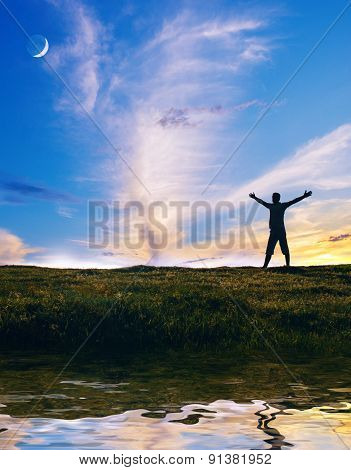 Vitality Man - Silhouette On The Field With Open Arms. Sunrise Or Sundown, Freedom Concept