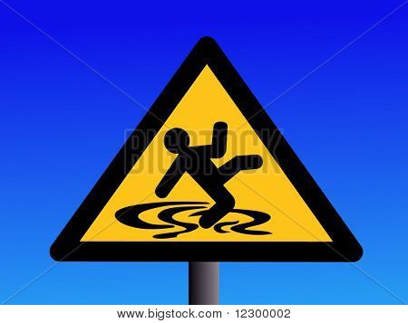 warning wet and slippery floor sign on blue illustration