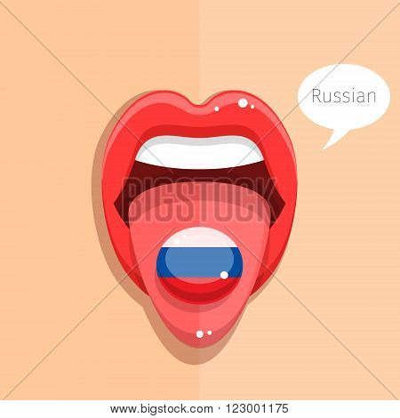 Russian language concept. Russian language tongue open mouth with Russian flag, woman face. Flat design, vector illustration.
