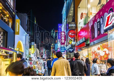 SEOUL - MARCH 20: Myeong-Dong Market is large shopping street in Seoul.Photo taken on March 20 2016 in seoul South Korea.