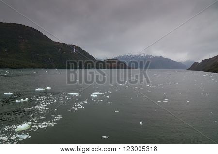 Chilean Fjords, Patagonia on a overcast day.