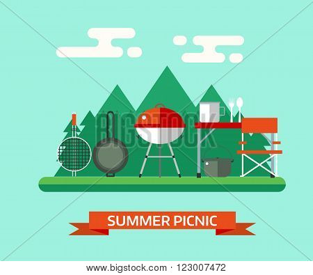 Summer picnic landscape. Family barbecue vector background. Picnic tools. Grill pan brazier bowl fork spoon camping table and chair.