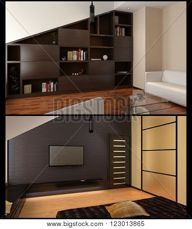 3d rendering of penthouse living room tv console