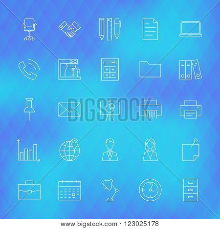 Business Office Line Icons Set Over Polygonal Background