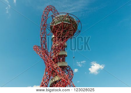 London United Kingdom - August 22 2015:Abseiling experience in ArcelorMittal Orbit Queen Elizabeth Park. People slowly riding down to the ground using a rope