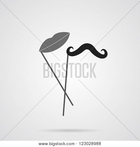 Vector Gray Mustache and Lips on Stick Flat Icon over light gray background. Simple element for your wedding designs wedding business projects logo web and other your projects