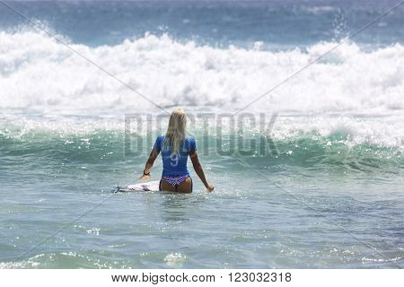 GOLD COAST, AUSTRALIA - MARCH 12 2016: Tatiana Weston-Webb (HAW) competing in the Roxy Pro at Snapper Rocks Coolangatta