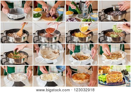A Step By Step Collage Of Making Chicken And Zucchini Tortilla Pie