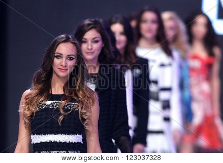 Sofia Bulgaria - March 23 2016: Models walk the runway at Sofia Fashion Week runway show. The fashion show is held for a second time in Bulgaria's capital.