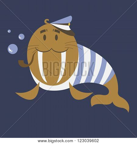 Funny captain walrus is ready to travel. Simple cartoon captain walrus blows bubbles through the tube