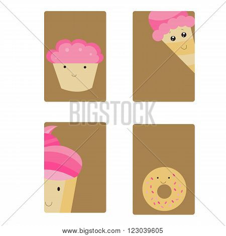 Vector set of four funny different desserts cards for bakery or restaurant