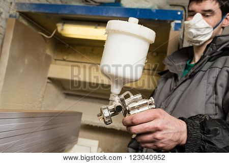 Carpenter Painter Paints The Furniture Board With A Spray Gun On The Production Line Small Wholesale