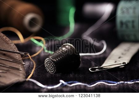 Sewing tools with exclusive lightning on dark textile