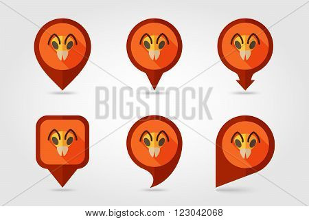 Bee wasp bumblebee flat pin map icon. Map pointer. Map markers. Animal head vector symbol eps 10