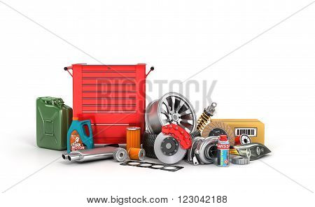 Red tool box with scattered around the vehicle parts isolated on white background.