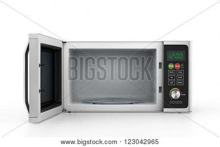 Open microwave oven isolated on a white background.