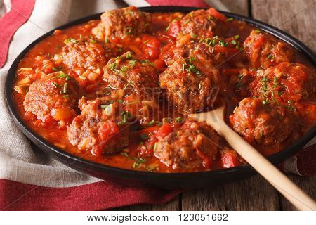 Meatballs With Spicy Tomato Sauce On A Dish Close-up. Horizontal