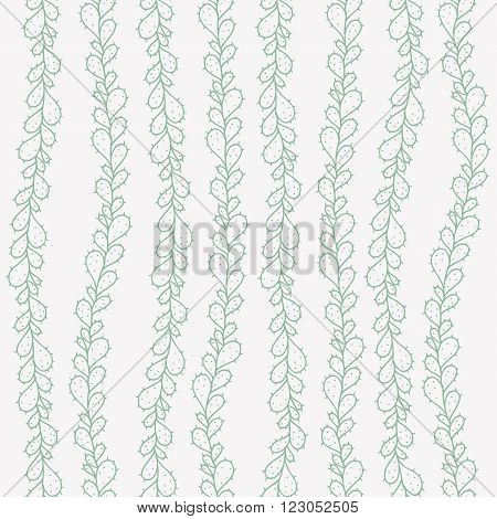 Decorative seamless background with green hand drawn cactus opuntia ficus indica branches on white background. Stylish handmade doodles.